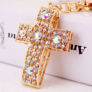 Nice Rhinestone Gold Cross Key Chain!